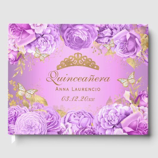 Elegante Paarse Bloemenvlinder thema quinceanera Gastenboek (Voorkant)