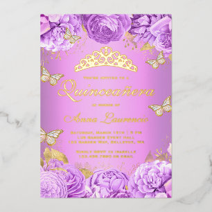 Elegante Paarse bloemenvlinders Quinceanera Folie Uitnodiging