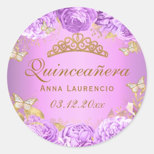Elegante Paarse bloemenvlinders Quinceanera Ronde Sticker (Voorkant)