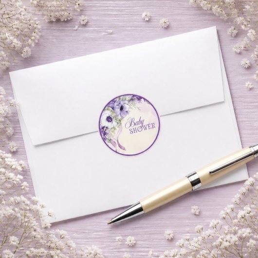 Elegante paarse bloemige babyshower ronde sticker