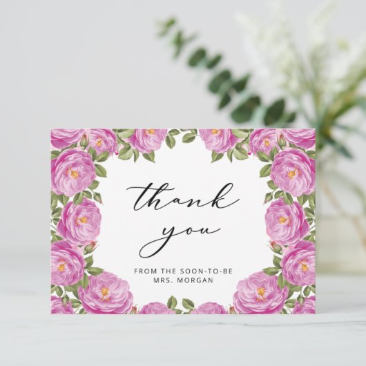 Elegante paarse bloemige bruidsdouche dank je kaart (Staand voorkant)