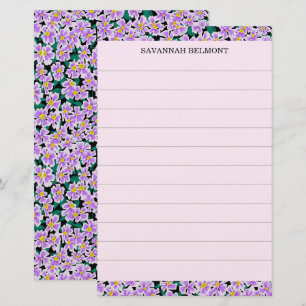 Elegante paarse bloemige gepersonaliseerde naam ge briefpapier