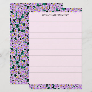 Elegante paarse bloemige gepersonaliseerde naam ge briefpapier