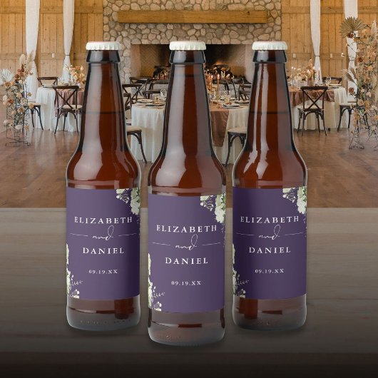 Elegante paarse bloemige groene bruiloft bier etiket