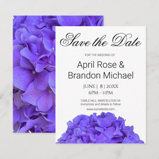 Elegante paarse bloemige lavendel lila hortensia's save the date (Voorkant / Achterkant)