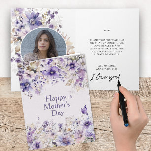 Elegante Paarse Bloemige Moederdag Aandenken Kaart