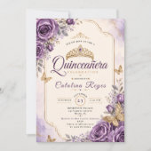 Elegante Paarse Bloemige Quinceañera Kaart (Voorkant)