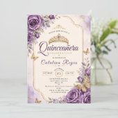 Elegante Paarse Bloemige Quinceañera Kaart (Staand voorkant)