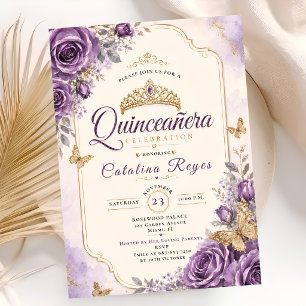 Elegante Paarse Bloemige Quinceañera Kaart