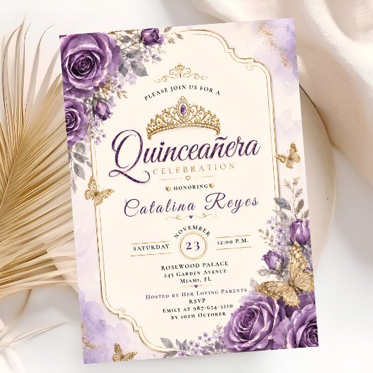 Elegante Paarse Bloemige Quinceañera Kaart