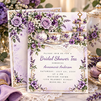 Elegante paarse bloemige theeparty bruidsfeest | kaart