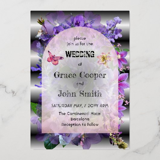 Elegante paarse bloemige trouw  folie uitnodiging (Voorkant)