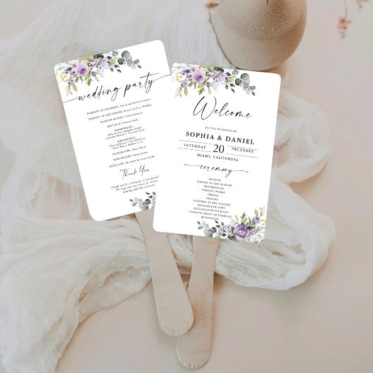 Elegante Paarse Bloemige Trouwprogramma Handventil Handwaaier