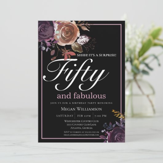 Elegante Paarse Bloemige Vijftig en Fabulous Verja Kaart (Staand voorkant)