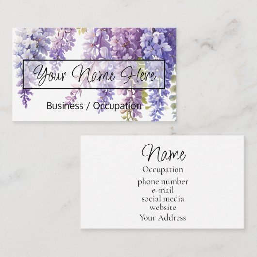 Elegante paarse bloemige waterverf wisteria visitekaartje (Voorkant / Achterkant)
