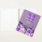 Elegante Paarse Bloemige Zilveren Glitter Monogram Planner (Display)