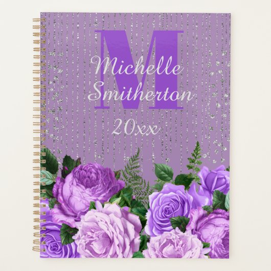 Elegante Paarse Bloemige Zilveren Glitter Monogram Planner (Voorkant)