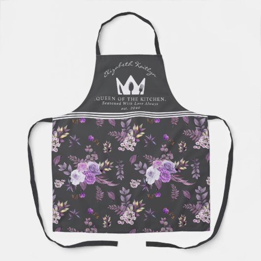 Elegante Paarse bloemmotief Queen of the Kitchen Schort (Voorkant)