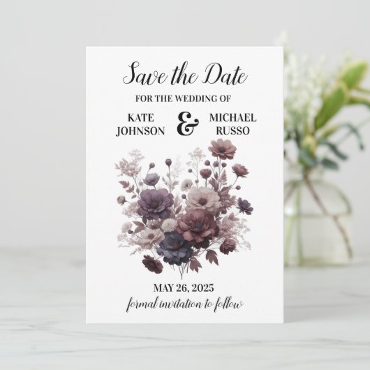 Elegante Paarse blos bloemenbruiloft Save The Date (Staand voorkant)