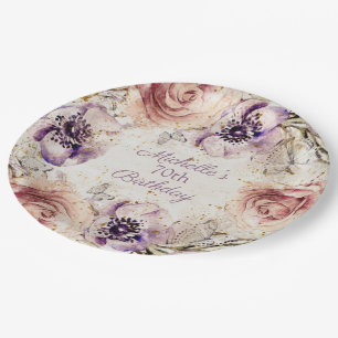 Elegante Paarse Blush Roze 70ste Verjaardagsfeestj Papieren Bordje