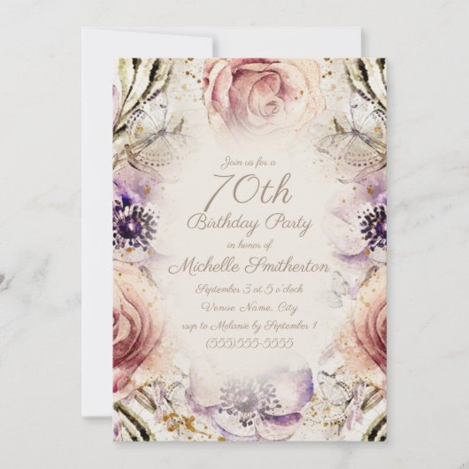Elegante Paarse Blush Roze Script 70ste Verjaardag Kaart (Voorkant)