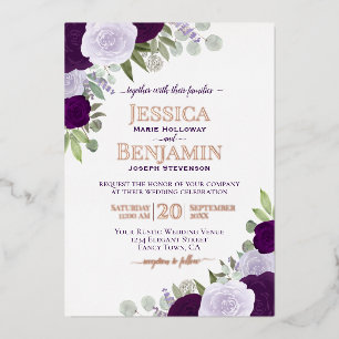 Elegante Paarse Boho Bloemen met Roos Gouden Bruil Folie Uitnodiging