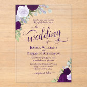 Elegante Paarse Boho Chic Rozen Fancy bruiloft Acryl Uitnodigingen (Voorkant)