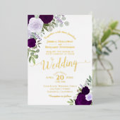 Elegante Paarse Boho Chic Waterverf Rozen Bruiloft Folie Uitnodiging (Staand Voorkant)