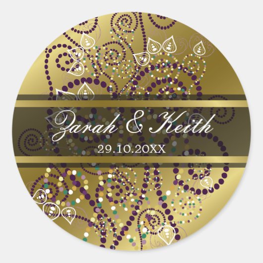 Elegante Paarse Boho Spiralen Gouden Bruiloft Stic Ronde Sticker (Voorkant)