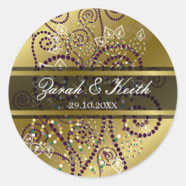 Elegante Paarse Boho Spiralen Gouden Bruiloft Stic Ronde Sticker