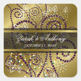 Elegante Paarse Boho Spiralen Gouden Bruiloft Stic Vierkante Sticker
