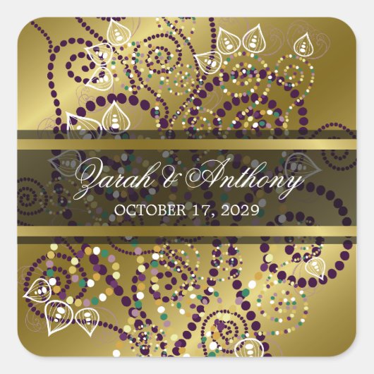 Elegante Paarse Boho Spiralen Gouden Bruiloft Stic Vierkante Sticker (Voorkant)