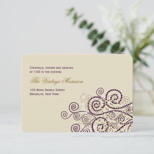 Elegante Paarse Boho Spiralen Trouwreceptie Kaart (Staand voorkant)