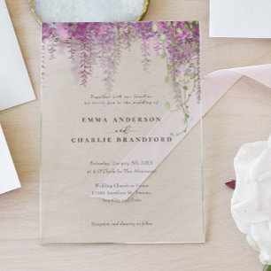 Elegante Paarse Botanische Bloemen Script Wedding Acryl Uitnodigingen