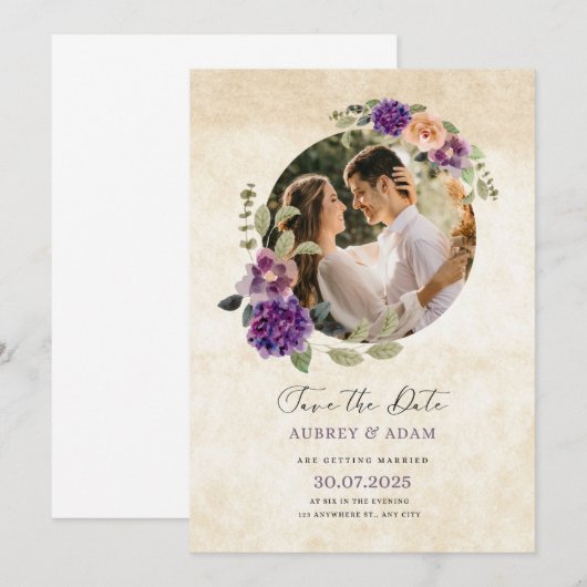 Elegante paarse & bruine rustieke bloemen bruiloft kaart (Voorkant / Achterkant)