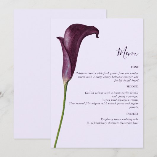 Elegante paarse Calla lelie bloem bruiloft Menu (Voorkant / Achterkant)