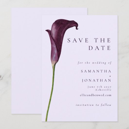 Elegante Paarse Calla Lelie Bloem Bruiloft Save The Date (Voorkant / Achterkant)