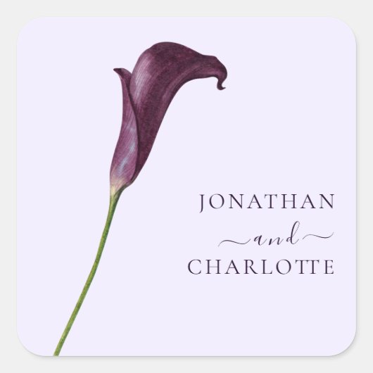 Elegante Paarse Calla Lelie Bloem Bruiloft Vierkante Sticker (Voorkant)