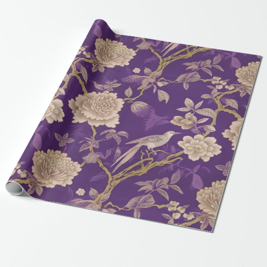 Elegante paarse chinoiserie cadeaupapier (Uitgerold)