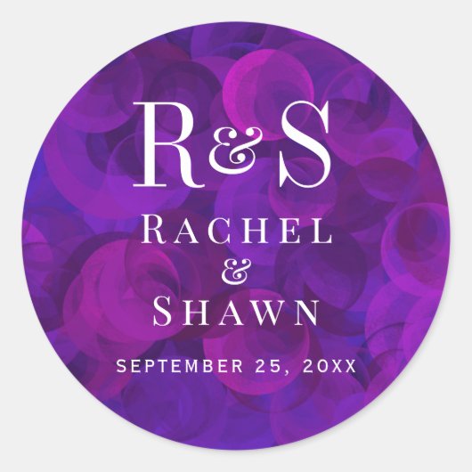 Elegante Paarse chique moderne monogram bruiloft Ronde Sticker (Voorkant)