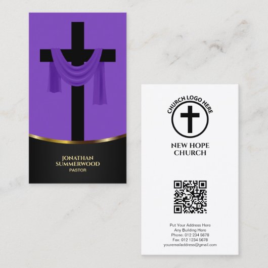 Elegante Paarse Christelijke Pastor Cross & QR Cod Visitekaartje (Voorkant / Achterkant)