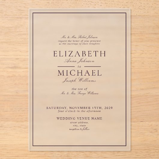 Elegante Paarse Classic Script Wedding Acryl Uitnodigingen (Voorkant)