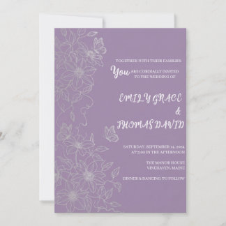 Elegante Paarse Clematis & Vlinders Uitnodiging