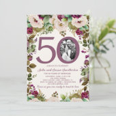 Elegante Paarse Crème Bloemen Foto 50e Jubileum Kaart (Staand voorkant)