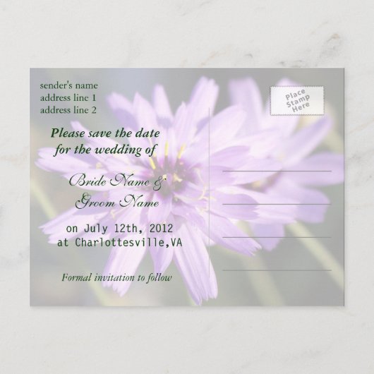 Elegante, paarse dagbloem, behalve de datum aankondigingskaart (Achterkant)