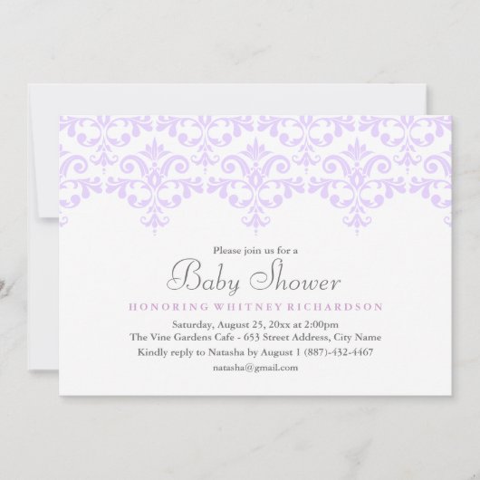Elegante Paarse Damask Baby shower Uitnodiging (Voorkant)