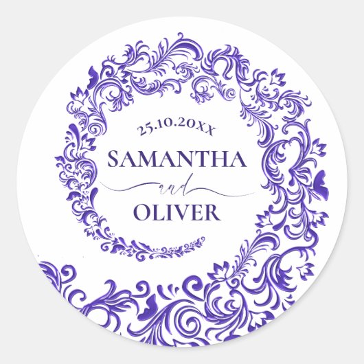 Elegante Paarse Damask bruiloft Ronde Sticker (Voorkant)