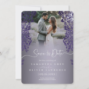 Elegante Paarse Damask Save the Date Fotokaart Bedankkaart