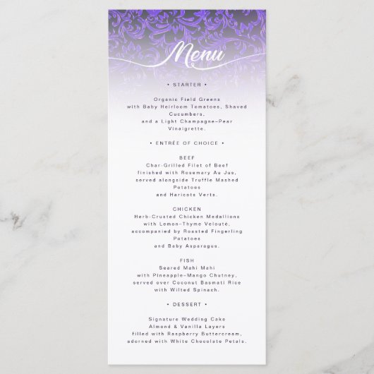 Elegante Paarse Damask Wedding Menu Kaart (Voorkant)
