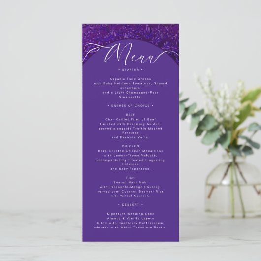 Elegante Paarse Damask Wedding Menu Kaart (Staand voorkant)